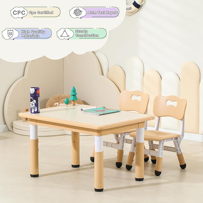 Kids Table and Chairs, Height-Adjustable Toddler Table and Chair Set with 31.5''Lx23.6''W Graffiti Desktop, Table Chair for Ages 3-8, Childrens Table and Chair Set for Daycare with 2 Chairs, Brown