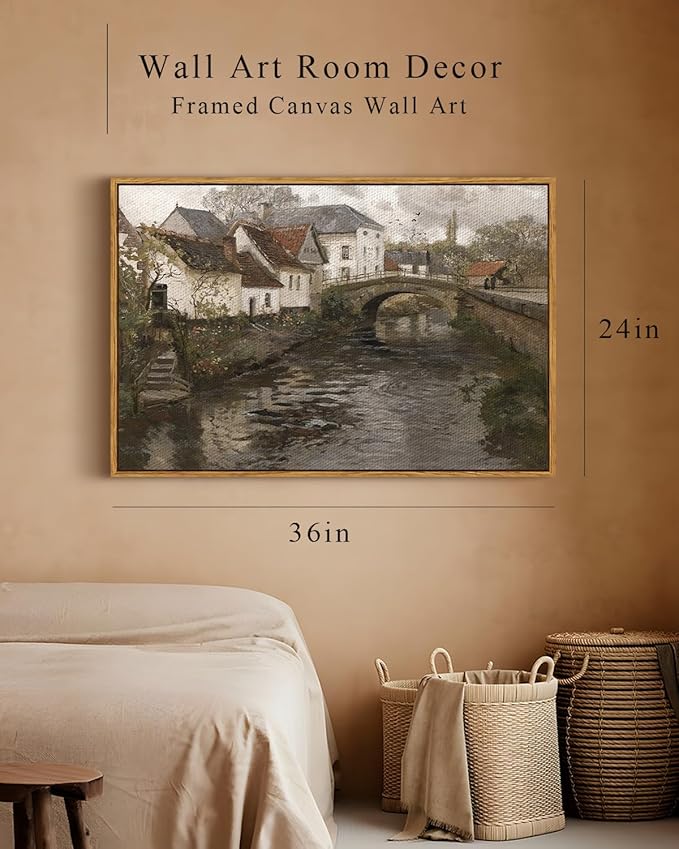 InSimSea Framed Canvas Wall Art Vintage Decor, Riverside Small Town Large Canvas Prints Home Decor, Rustic Farmhouse Hanging Wall Decor for Bedroom Living Room, 24"x36"