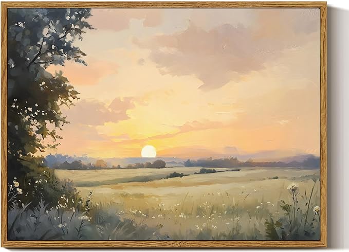 InSimSea Framed Canvas Wall Art, Vintage Wall Decor, Fall Landscape Watercolor Painting for Living Room, Bedroom Earthy Country Autumn Sunset Print Pictures Decorations,12x16inch