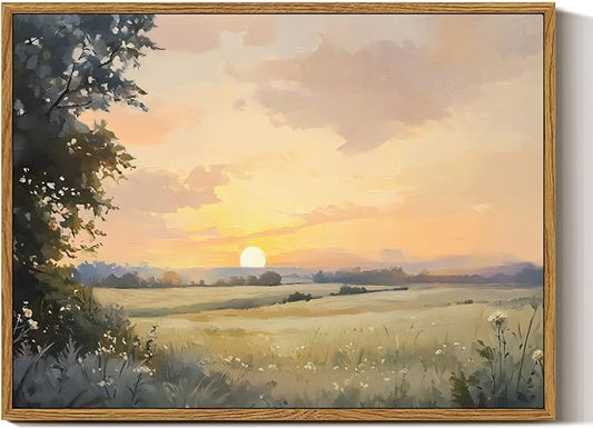 InSimSea Framed Canvas Wall Art, Vintage Wall Decor, Fall Landscape Watercolor Painting for Living Room, Bedroom Earthy Country Autumn Sunset Print Pictures Decorations,12x16inch