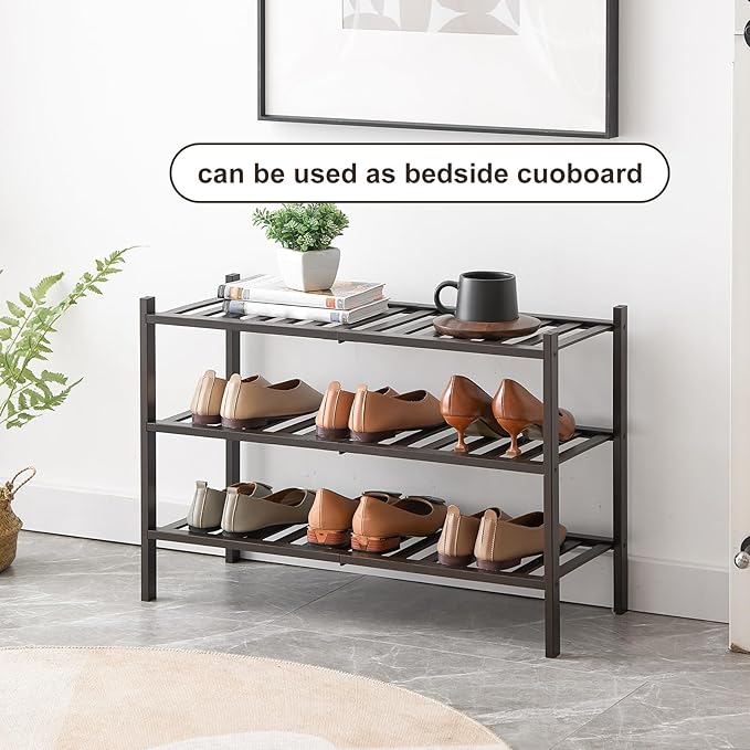 Shoe Rack, 3-Tier Bamboo Stackable Shoe Shelf Storage Organizer, Shoe Stand for Closet, Entryway and Hallway