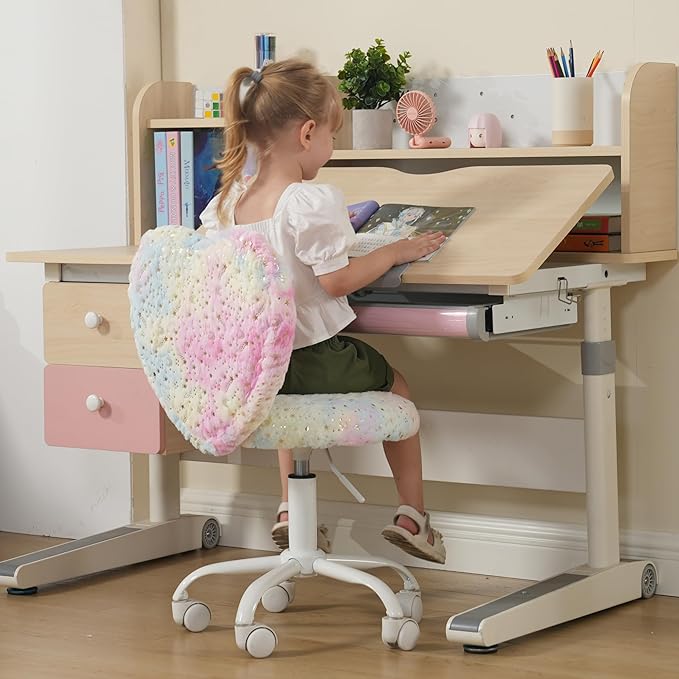 Small Kids Chair, Cute Heart Girls Desk Chair, Rolling Study Chairs Furry Pink Computer Chairs, Faux Fur Swivel Vanity Chairs for Children Bedroom/Study, Colorful