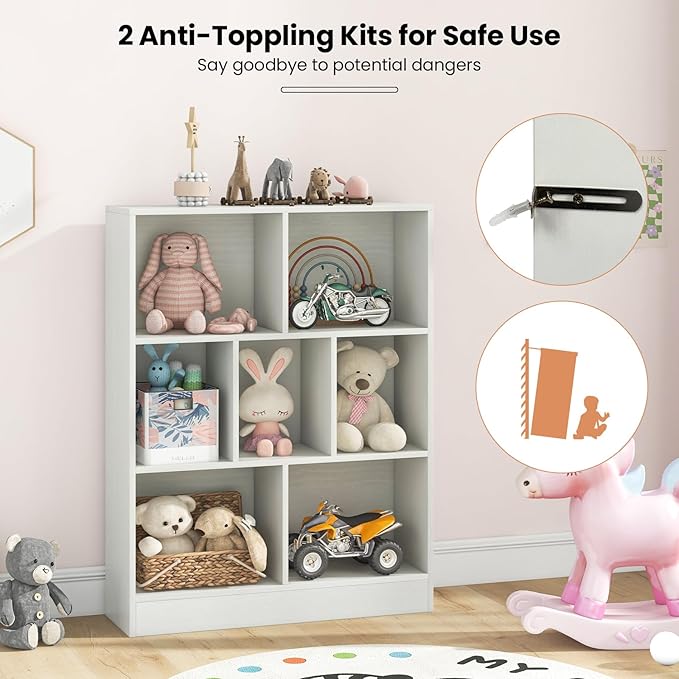 Costzon Wooden Toy Storage Organizer, 7-Cube Kids Bookshelf w/ 2 Anti-Toppling Kits, 3 Tier Open Shelves & Non-Slip Foot Pads, Book Shelf for Kids Rooms, Playroom, Classroom, Nursery (White)
