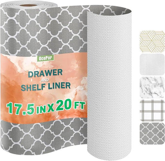 OcePor Non-Adhesive Drawer and Shelf Liner 17.5IN x 20FT，Non Slip Cabinet and Cupboard Liner, Kitchen Cabinet Liners for Shelves, Waterproof Drawer Shelf Liners for Cabinets/Bathroom Cupboard