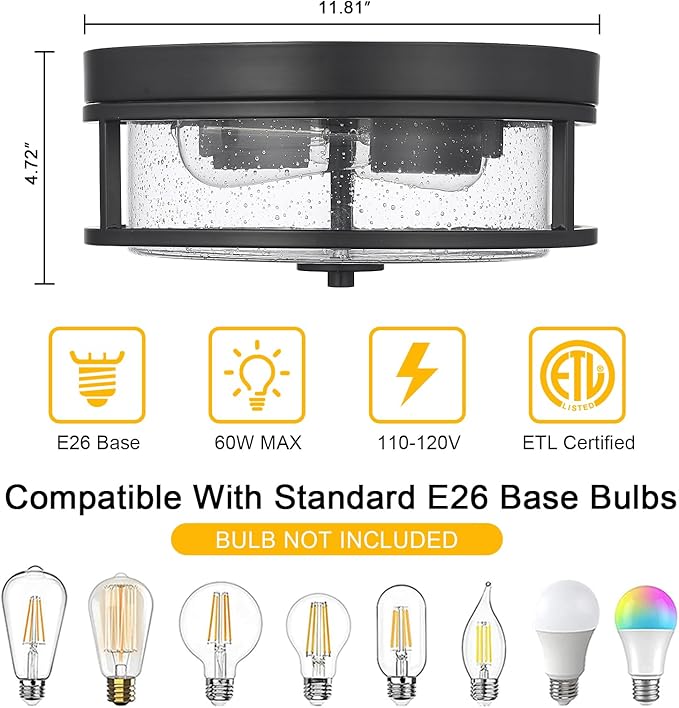 2-Light Flush Mount Ceiling Light, Farmhouse Industrial Black Finish with Seeded Glass Ceiling lamp, Modern Ceiling Light Fixture for Bedroom Living Room Kitchen Hallway Entryway