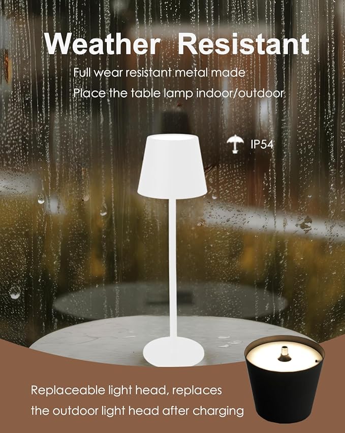 Cordless Table Lamp, Rechargeable Table Lamp with Touch Dimmable Control, Portable LED Desk Lamp for Indoor Patio (White-Round, 1)