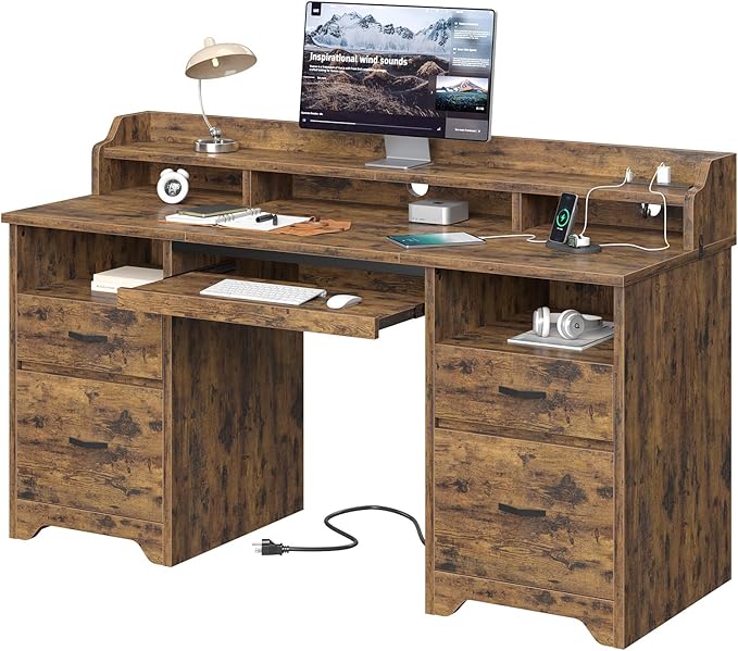 Bestier Farmhouse 59" Executive Desk with Drawers, Wood Computer Desk with Charging Station, Home Office Desk with Keyboard Tray & Monitor Stand, Sturdy Pedestal Desk for Work Study, Rustic Brown