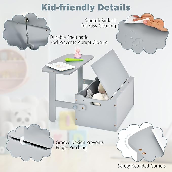 HONEY JOY Kids Table and Chair Set, 3-in-1 Convertible Wooden Toy Storage Bench with Handle, Toddler Furniture Set for Daycare Playroom, Gift for Boys Girls 3+ (Gray)