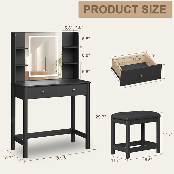 Vanity Desk with Mirror and LED Lights, Small Makeup Vanity Table Set with Drawers and Chair, Dressing Table with Power Outlet for Girls Bedroom, Black