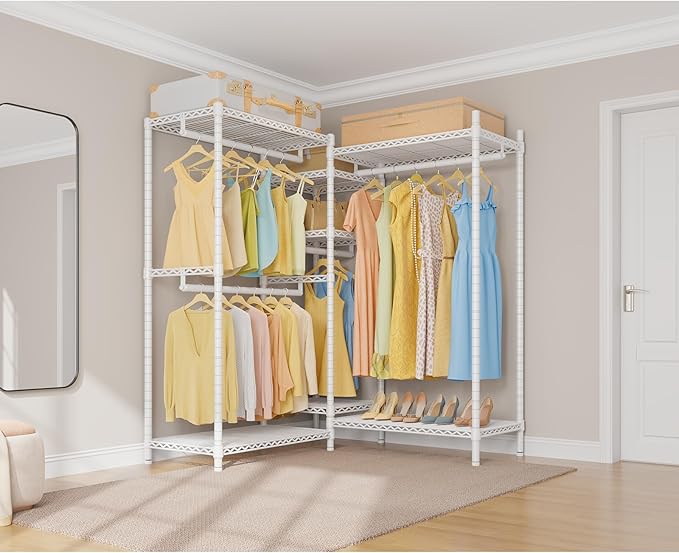 VIPEK L6 Heavy Duty Clothes Rack L Shape Clothing Rack 5-Tier Wire Garment Rack Freestanding Closet with 7 Adjustable Shelves & 4 Hanging Rods, 42" L x 42" W x 76.4" H, Max Load 850LBS, White