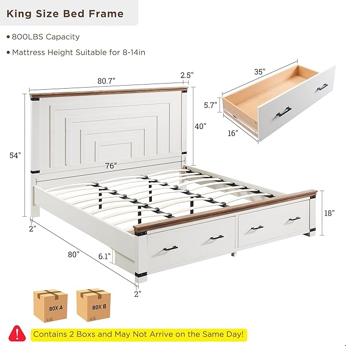 T4TREAM Farmhouse King Size Bed Frame with 54" Tall Geometric Headboard & 2 Large Storage Drawers, Rustic Wood Platform Bed with Wood Slats Support, No Box Spring Needed, Antique White