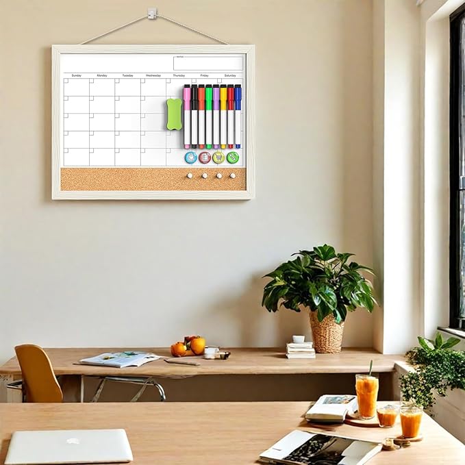 Calendar Whiteboard for Wall, TANKEE 17x13 Inches Whiteboard Calendar Cork Board Combo, Small Magnetic White Board with Wood Framed, Hanging Dry Erase Board for Kitchen Home Office School Planner