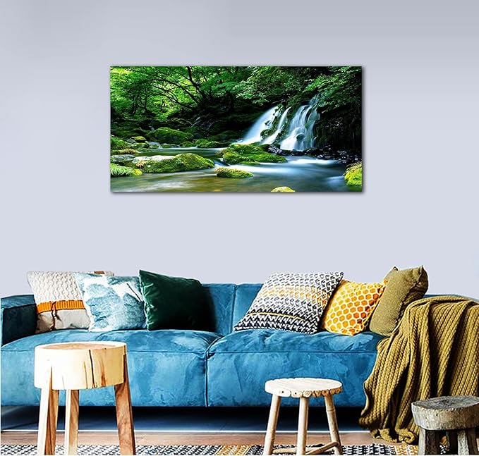Waterfall Wall Art Large Living Room Decorations Landscape Canvas Art Nature Pictures Artwork Contemporary Wall Decor Green Trees Rivers Spring Tropic Forest for Kitchen Office Home Ready to Hang 20" x 40"