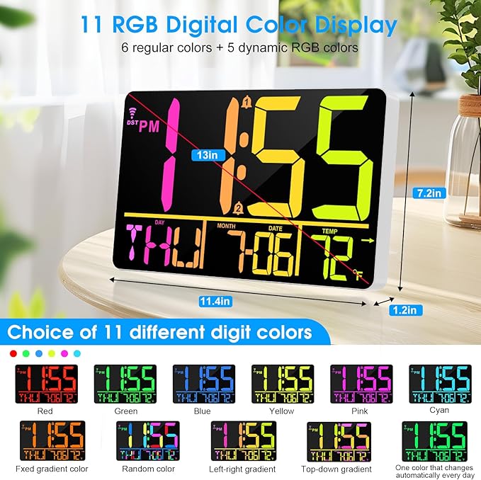 13" Bluetooth Auto Sync Wall Clock- Large Digital Alarm Clock with Remote, RGB Color Changing, 25 Ringtones, Adjustable Brightness, Auto DST, for Living Room, Kitchen, Office, Elderly
