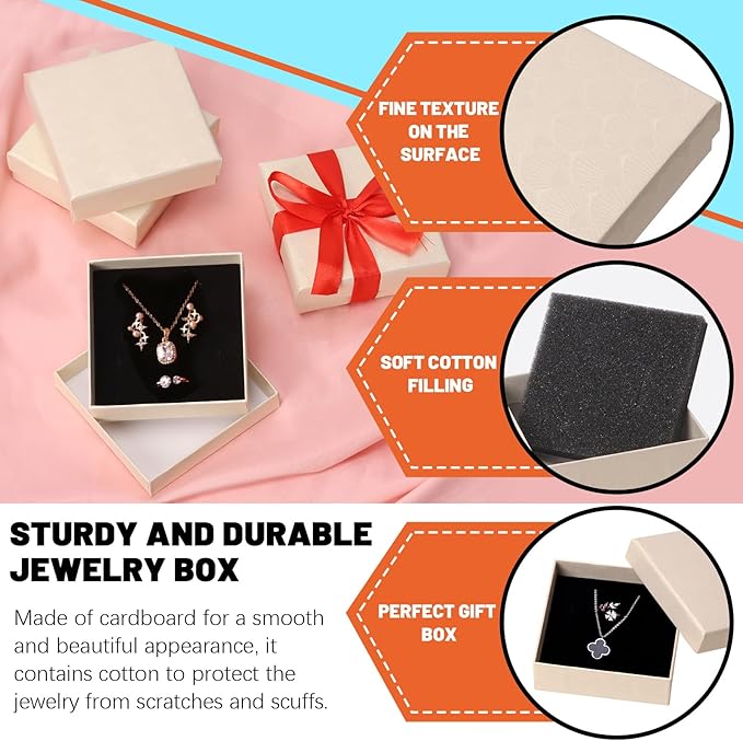 Tanstic 12Pcs Cardboard Jewelry Gift Boxes Kit, 3.5 x 3.5 x 1.2 Inch Beige Gift Boxes Cardboard Jewelry Boxes with 74ft Red Ribbon and Scissor for Rings, Necklaces, Earrings, Bracelets