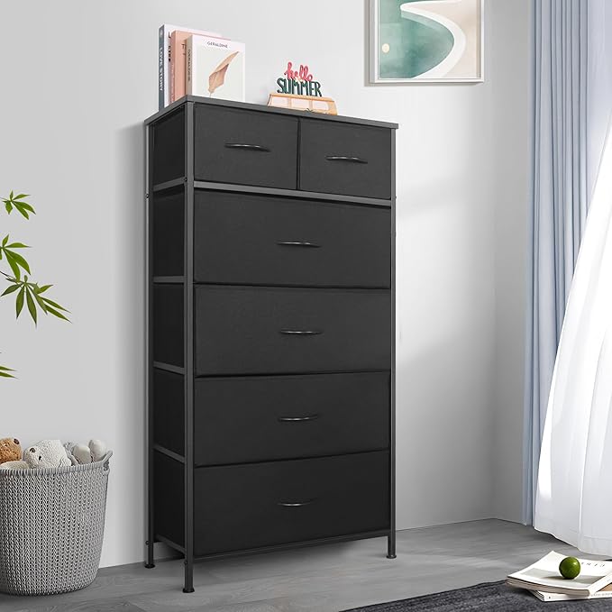 Tall Dresser for Bedroom, Vertical Storage Organizer Tower with 7 Drawers, Chest of Drawers with Fabric Bins, Steel Frame, Wood Top for Bedroom, Closet, Entryway- Black