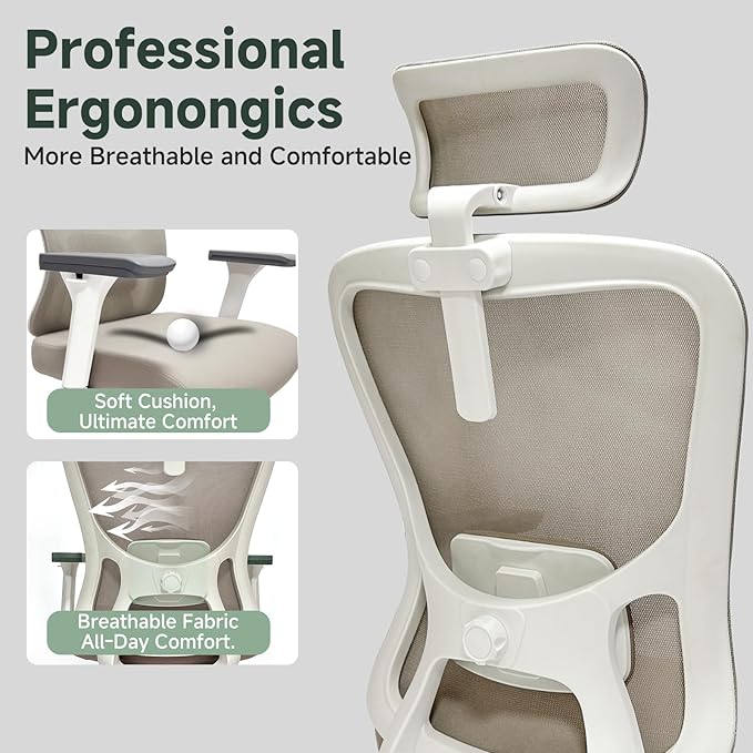 Ergonomic Office Chair - 350LB Mesh Office Chair with Adjustable Lumbar, High Back Computer Chair with 3D Armrests, Comfy Chair with 2D Headrest & Tilt Function for Study, Work, Gaming