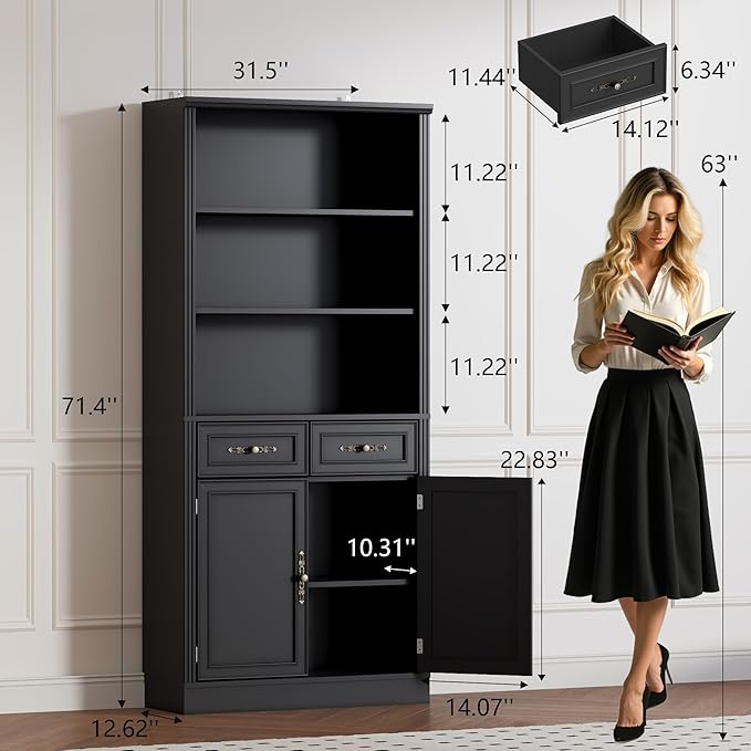 71.4" Tall Bookshelf with Drawers & Cabinet, 5-Tier Floor Standing Bookcase with Storage Doors, Adjustable Shelves & Metal Handles, 31.5" Wide Organizer for Home Office, Living Room