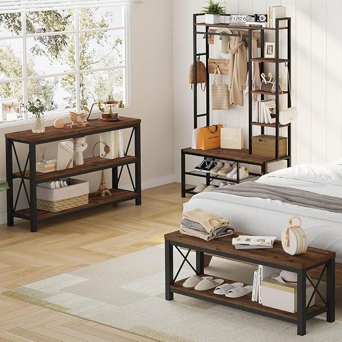 BON AUGURE 2 Tier Shoe Bench with Storage, Wood Metal Entryway Bench, Industrial Shoe Rack Benches for Entrance, Hallway, Mudroom, Bedroom, Indoor (Rustic Oak)