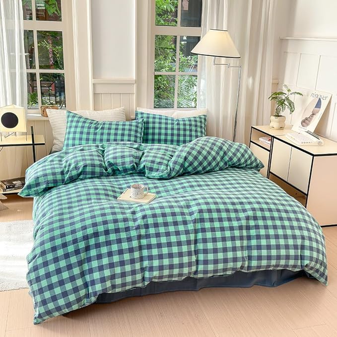 FACE TWO FACE Bedding Duvet Cover Set100% Washed Cotton Duvet Cover Linen Like Textured Breathable Durable Soft Comfy (Queen, Blue Green Grid)