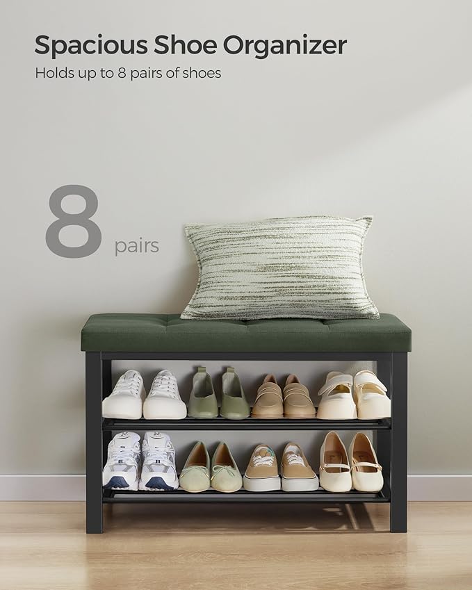 SONGMICS Shoe Bench, Storage Bench, Entryway Bench with Cushion, Shoe Shelf with Seat, Space-Saving, Modern Style, for Living Room, Bedroom, Hallway, Forest Green and Ink Black ULBS057C01