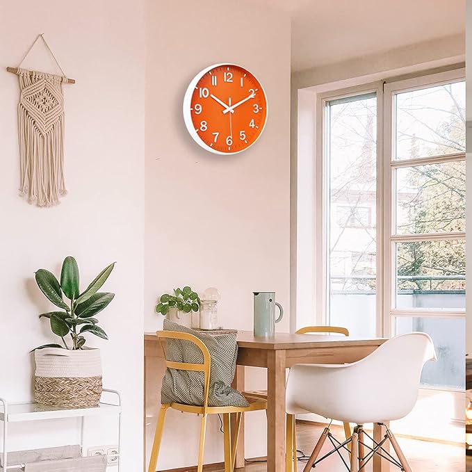 HZDHCLH Wall Clocks Battery Operated,12 inch Silent Non Ticking Modern Wall Clock for Living Room Bedroom Kitchen Office Classroom Decor (Orange & White)