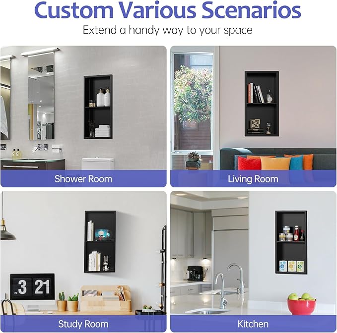 Shower Niche No Tile Needed, 12" X 24"(Inner Size 11"X22.6") Bathroom Niche for Shower Wall, Black Stainless Steel Shower Niche Insert for Bathroom, Recessed 2-Tier Wall Niche Shelf