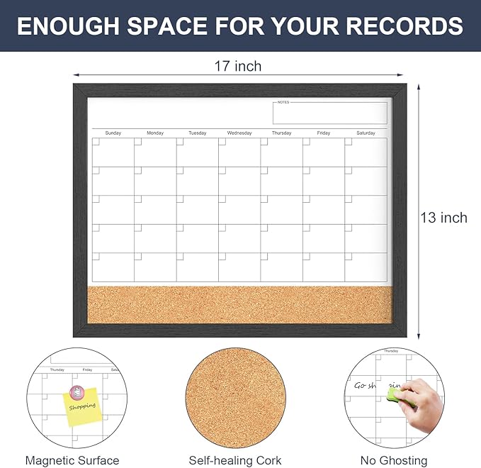 Dry Erase Calendar for Wall, 17x13 Inches Calendar Whiteboard for Wall, Small Magnetic White Board Corkboard with Wood Framed, Hanging Dry Erase Board for Kitchen Home Office School Planner