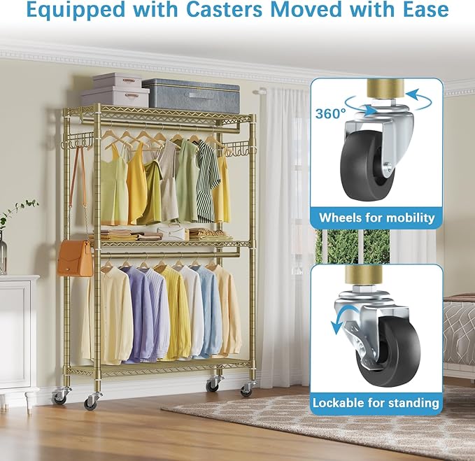 VIPEK R2 Plus Rolling Clothes Rack for Hanging Clothes Heavy Duty Garment Rack 3 Tiers Adjustable Wire Shelving Clothing Racks with Double Hanging Rods, Closet Organizers and Storage, Gold