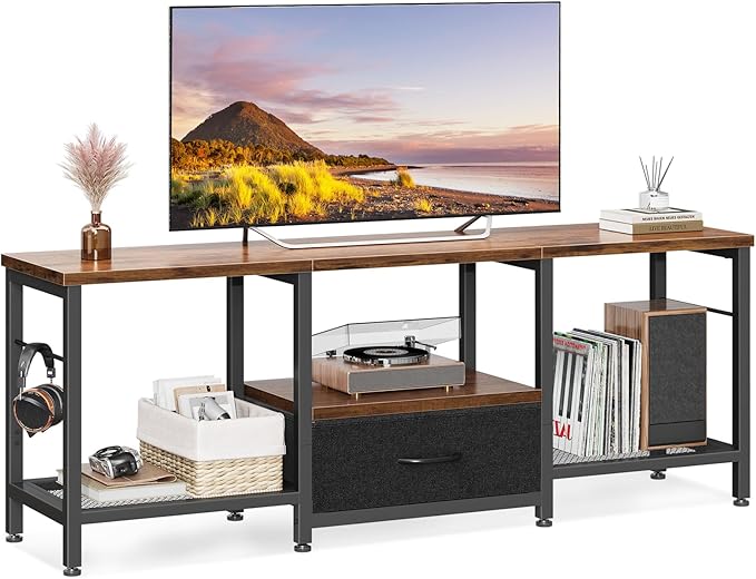 Casaottima 47" TV Stand with Open Storage Shelves up to 55 Inch TVs, Entertainment Center with Fabric Drawers, TV Console Table with Soundbar Shelf TV Stand for Living Room Bedroom, Vintage and Black