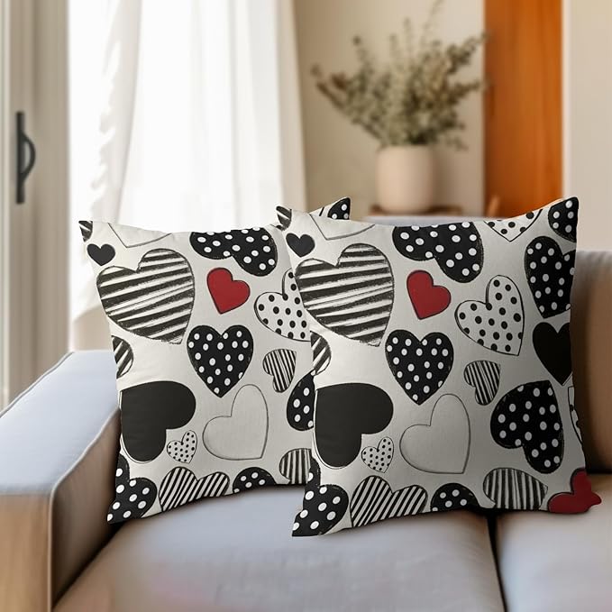 Kawani Valentines Day Pillow Covers 20x20 Inch Black and White Heart Outdoor Decorative Throw Pillow Covers Set of 2 Valentine's Day Pillowcases Farmhouse Cushion Covers for Couch Sofa Decor