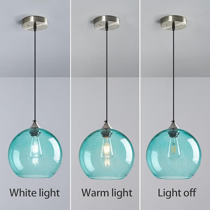 Light Blue Glass Pendant Lights Kitchen Island Globe Pendant Light Fixtures Modern Pendant Lighting for Bedroom Living Dining Room Light Fixture (9.84 in, 1 Pack)