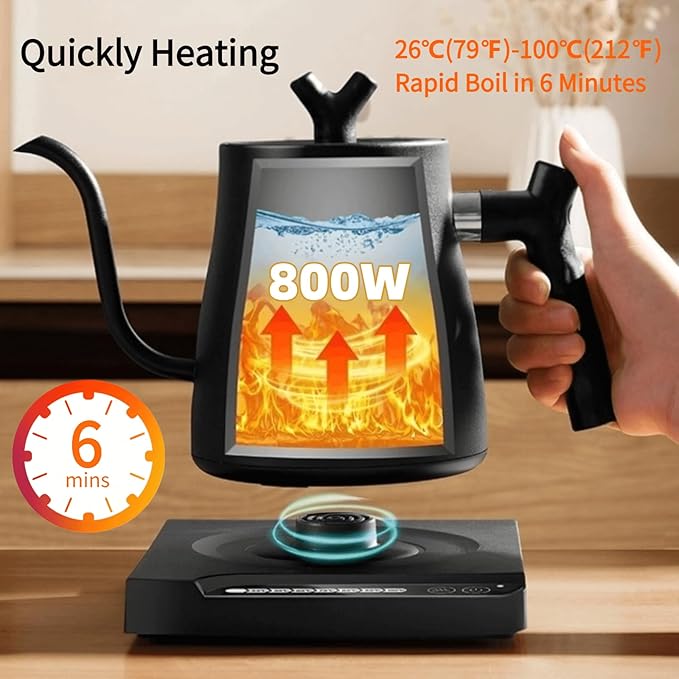 Gooseneck Electric Kettle Temperature Control & Keep Warm, 7 TEMP Control Electric Kettles for Boiling Water,Quickly Heating Kettle Electric Stainless Steel for Coffee & Tea, 800W/1L