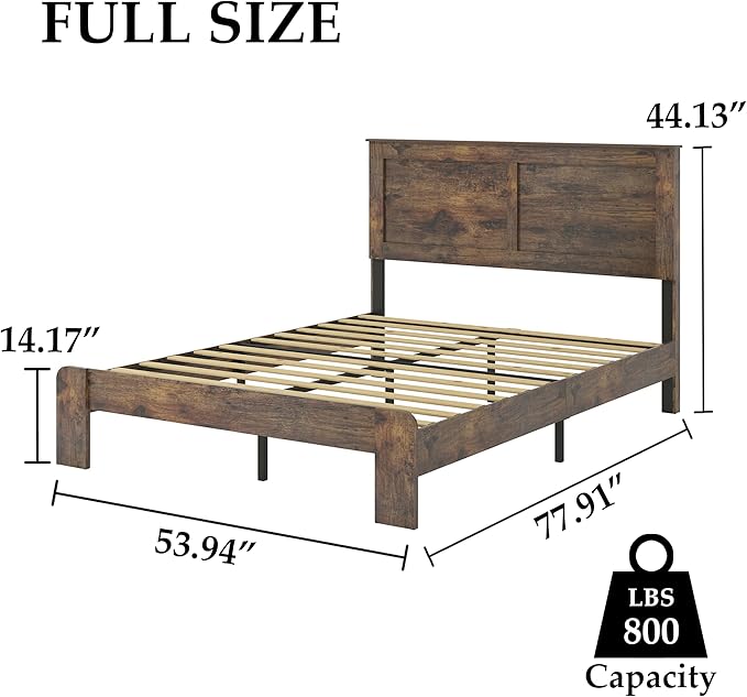 Full Size Bed Frame, Rustic Vintage Platform Bed Frame with Wood Headboard and Footboard, 12 Wood Slats Support, No Box Spring Needed (Dark Brown, Full)