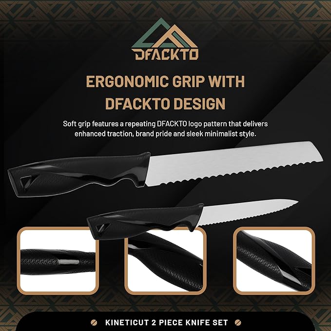 2-Piece Serrated Knife Set – Stainless Steel Kitchen Cooking Knives w/Protective Covers, Dishwasher Safe, No Block, Sharp Cutlery for Slicing Bread, Cooking Fruit & Steak w/Sheath - Black