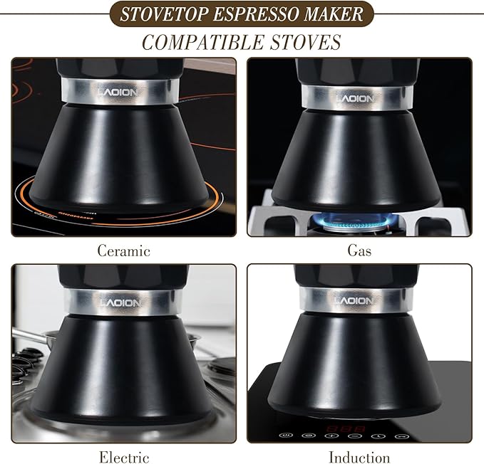 Moka Pot, 6-Cup Espresso Maker, 300ml Portable Stovetop Espresso Maker, Percolator Coffee Pot Compatible with Induction Cooktops, Suitable for Home and Camping (Black)