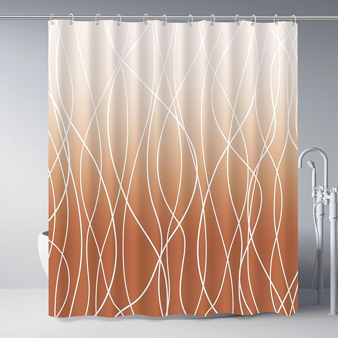 Punkray Burnt-Orange Striped Polyester Shower Curtain for Bathroom with Hooks, Shower Curtains for Bathroom, Waterproof Bath Accessories Hotel Style - Machine Washable 72 x 72