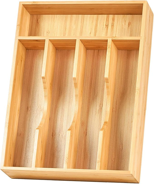 Umilife Bamboo Kitchen Drawer Organizer, 9 Inch Silverware Utensils Tray Holder for Small Drawer, Wood Caddy for Flatware Cutlery Knives