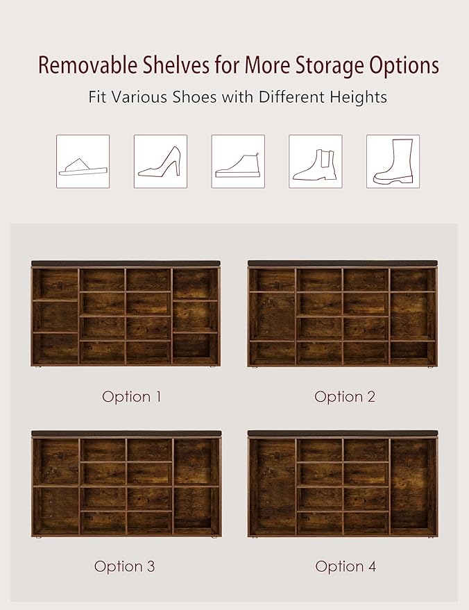 DINZI LVJ Shoe Storage Bench with Cushion, 14-Cubby Shoe Rack, Adjustable Shelves, Multifunctional Shoe Organizer Bench for Entryway, Mudroom, Hallway, Living Room, Bedroom and Garage, Rustic Brown