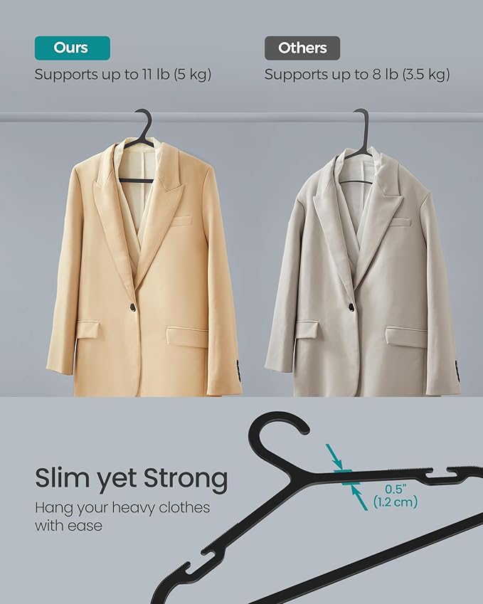 SONGMICS Clothes Hangers, Pack of 50, Plastic Hangers, with Wide Shoulder Notches, Space-Saving Coat Hangers, 16.4 Inches Wide, for Closet, Ink Black UCRP010B01