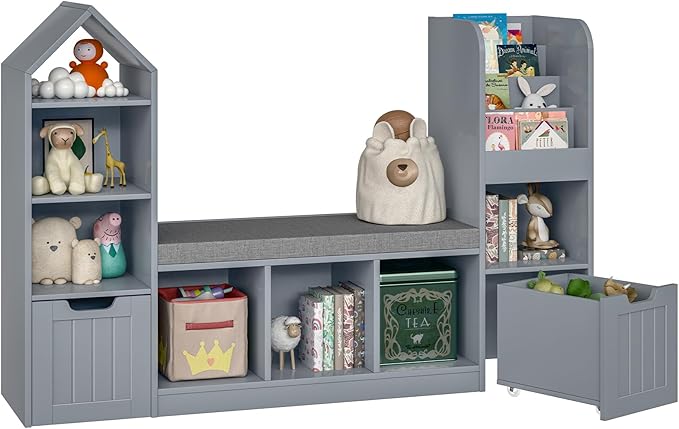 Kids Bookcase and Bookshelf with Reading Nook, Toy Storage Organizer for Kids, Grey Bookcase with 7 Storage Cubbies 2 Movable Drawers and Seat Cushion for Kids Room, Playroom, Bedroom