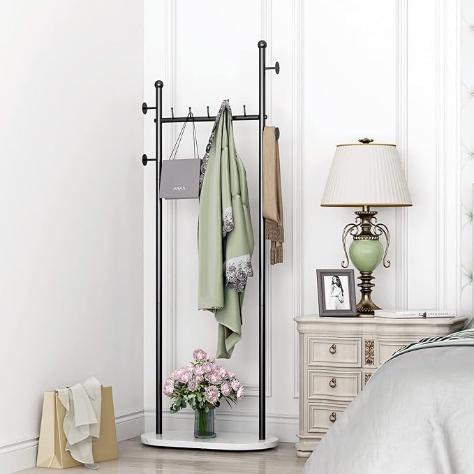 DR.IRON Black Clothing Racks with Marble Base Modern Coat Racks Freestanding Black Clothes Rack with Shelves for Bedroom Heavy Duty Garment Racks in Hallway, Entryway