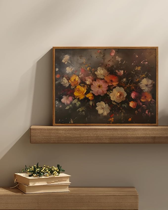 InSimSea Framed Canvas Wall Art, Vintage Wall Decor, Fall Floral Dark Moody Painting for Living Room, Bedroom Autumn Country Retro Flower Print Pictures Decorations,12x16inch