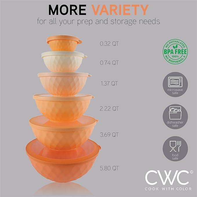 COOK WITH COLOR Mixing Bowls with Lids - 12 Piece Plastic Nesting Bowls Set includes 6 Prep Bowls and 6 Lids, Diamond Design - Microwave Safe (Mint)
