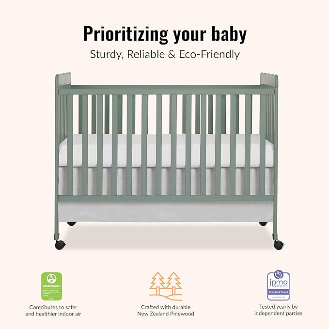 Dream On Me Carson Classic 3 in 1 Convertible Crib in Meadow Green, GreenGuard Gold & JPMA Certified Baby Crib, Comes with Locking Wheels, Coverts from Crib to Day Bed and Kids Sofa