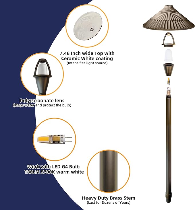 COLOER Solid Cast Brass Pathway Lights, 4 Pack 12V Low Voltage Landscape Lighting LED Path Lights with G4 Bulb for Outdoor Walkway, Garden, 23" Tall, 7.5" Shade