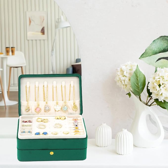 KOOAAICCHI Small Jewelry Box, Travel Jewelry Organizer, Portable Jewelry boxes for Women Girls Gift, Double Layers PU Leather Jewelry Holder for Rings, Earrings, Necklaces- Velvet Green