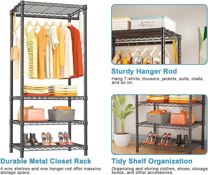 Ulif H4 Mini Portable Closet, 4 Tiers Freestanding Clothing Garment Rack for Small Space, Metal Clothes Wardrobe System for Bedroom, 23.6" W x 14" D x 76.4" H, Load 502 lbs, Black