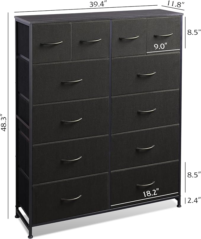 WLIVE Storage Organizer Unit with 12 Fabric Bins, Storage Drawers Organizer with Steel Frame, Tall Storage Tower Organizaton for Living Room, Hallway, Office, Charcoal Black