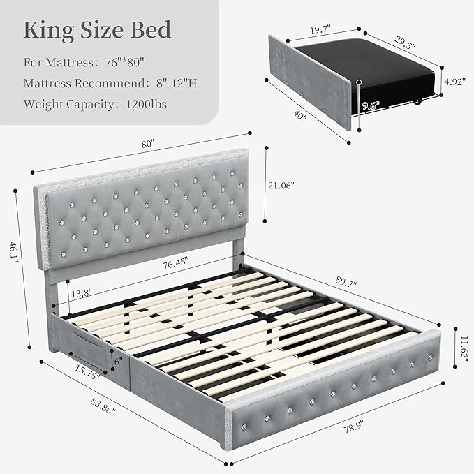 King Led Bed Frame with 2 Drawers, Upholstered Storage Platform Bed Frames with Crystal Button Tufted Headboard, Solid Slats Support, Noise Free, No Box Spring Needed, Velvet Grey